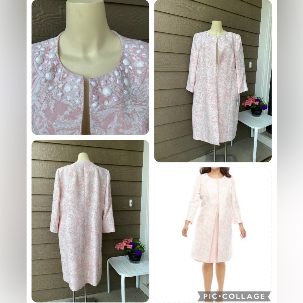 Kasper Women's Evening Coat Blazer Brocade Floral Pattern Size 18 Beaded Neck